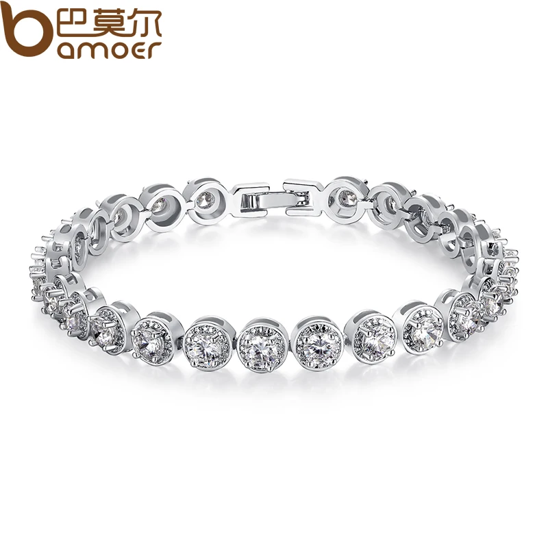 font b BAMOER b font Gold Plated Princess Cut Chain Link Bracelet with AAA Cubic