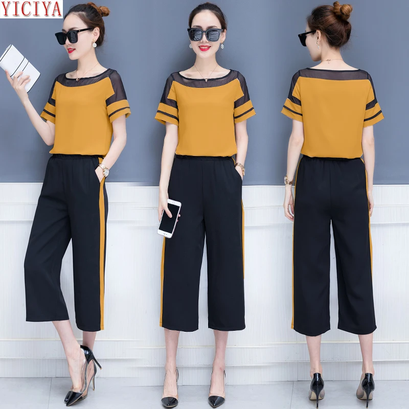 

Yellow 2 Piece Set Outfit Tracksuits for Women Co-ord Set Chiffon Pants and Top Sportswear 2019 Summer See Through 2pcs Clothing