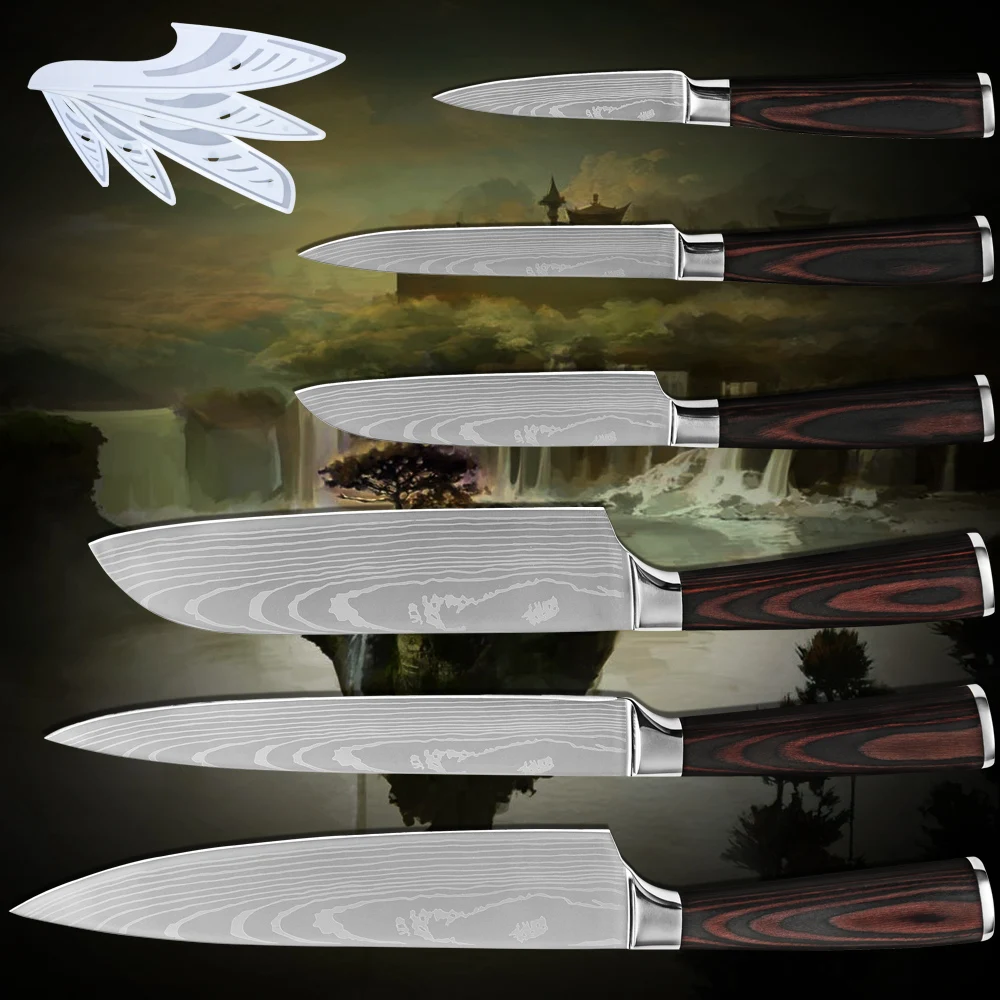 Paring utility 2 santoku slicing chef stainless steel kitchen knives six piece set Damascus flowing sand