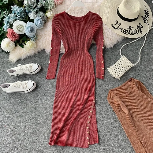 Gagarich Women Dress Autumn Winter New Elegant Korean Solid Color Split O-neck Long Sleeve Stretch Ladies Dresses Vestidos - Цвет: Красный