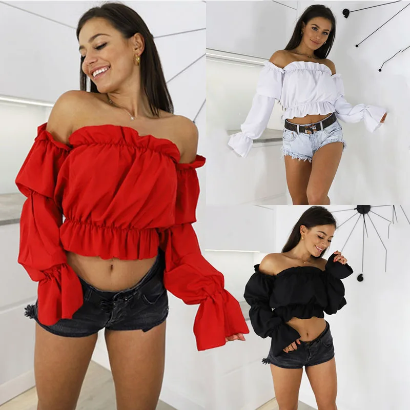 

Vintage Red Women Tops Blouse 2019 Sexy Off Shoulder Slash Neck Blouse Ladies Lantern Long Sleeve Loose Ruffle Blouses