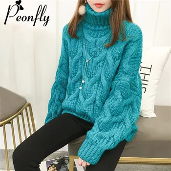 

PEONFLY Women Fashion Knitted Pullovers Casual turtleneck Long Sleeve Clothes Thickening Hemp Flowers Loose Female Sweater
