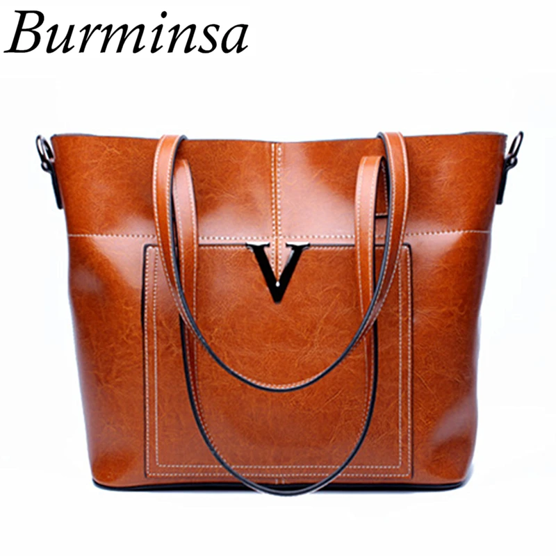 

Burminsa Ladies Genuine Leather Bags Big Female Tote Handbags Retro Shopper Women Messenger Bags Office Lady Pouch Shoulder Bags