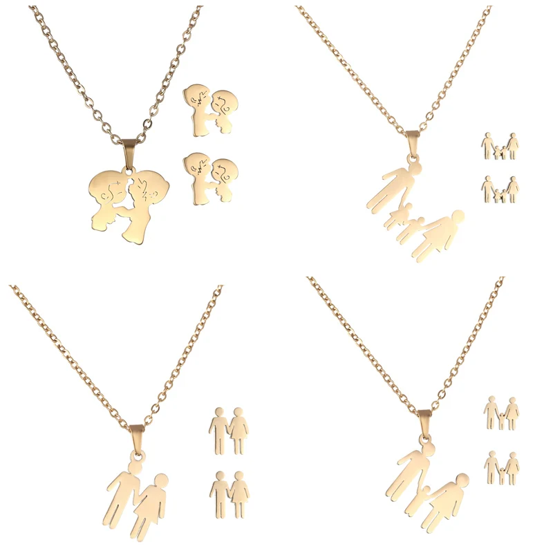 

Rinhoo Children boy and girl couple family Pendant necklace Earrings jewelry set Women Gold color Stainless Steel jewelry Sets