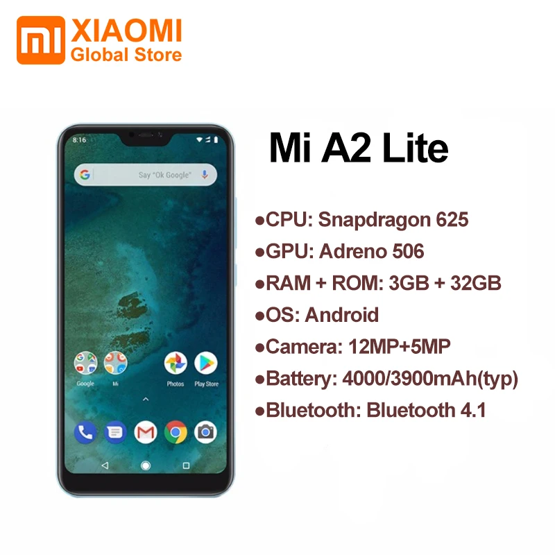 Глобальная версия Xiaomi MiA2 Mi A2 Lite 3 ГБ 32 Восьмиядерный процессор Snapdragon 625 5 84 &quot19:9