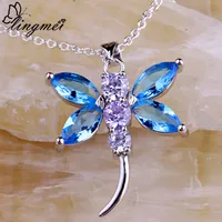 lingmei Alluring Lady Blue Topaz Tourmaline Silver Pendant Free Chain Necklace Jewelry Dragonfly Design Women Gift Wholesale
