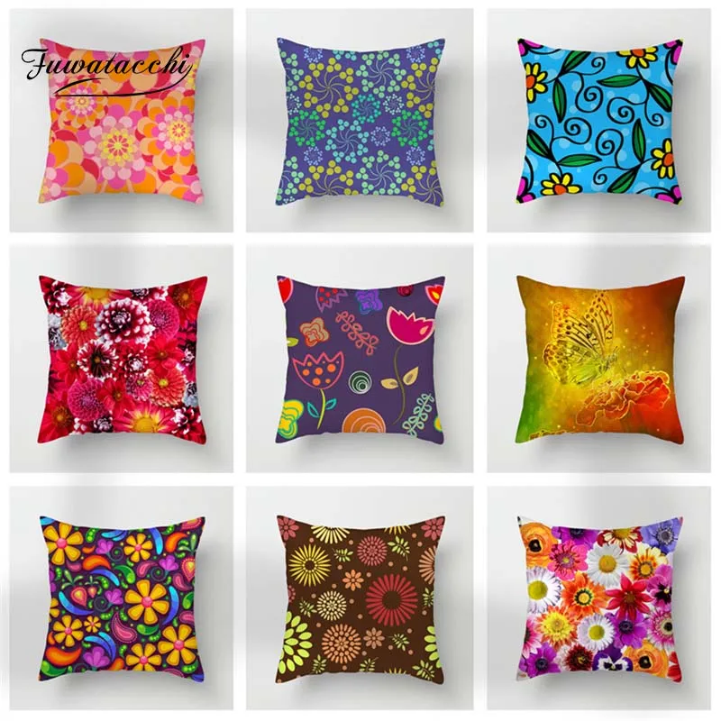 

Fuwatacchi Floral Cushion Cover Red Yellow Flowers Throw Pillow Cover Sunflower Decorative Pillowcase For Sofa Home Decor