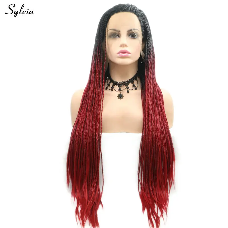 

Sylvia Black Ombre Wine Red Braided Box Braid Wig Synthetic Lace Front Wigs Heat Resistant Fiber Hair Natural Hairline For Women