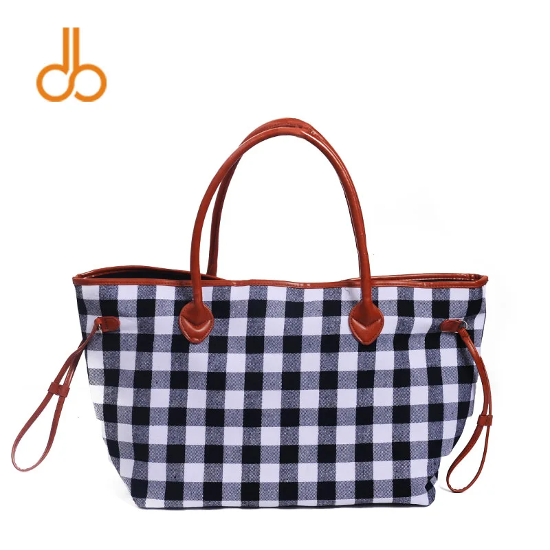 Plaid Women Handbag Red Navy Black Check Design Tote Bag Canvas Material Large Capacity Purse ...