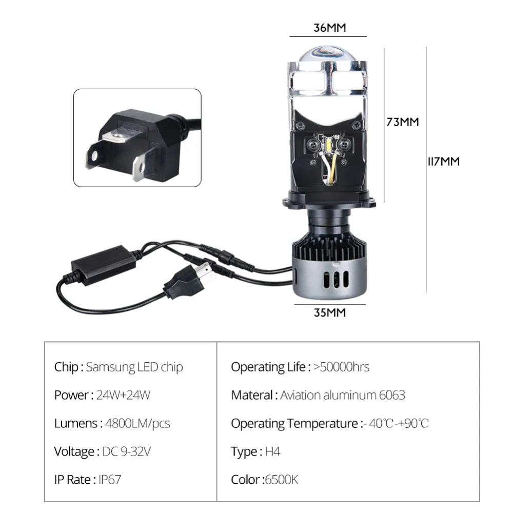 AcooSun H4 светодиодный объектив лампа для фары с мини-проектор 12V 9600LM Hi/короче спереди и длиннее сзади) луч светодиодный лампы 6500K 48 Вт luces светодиодный para Авто Светодиодный дневной