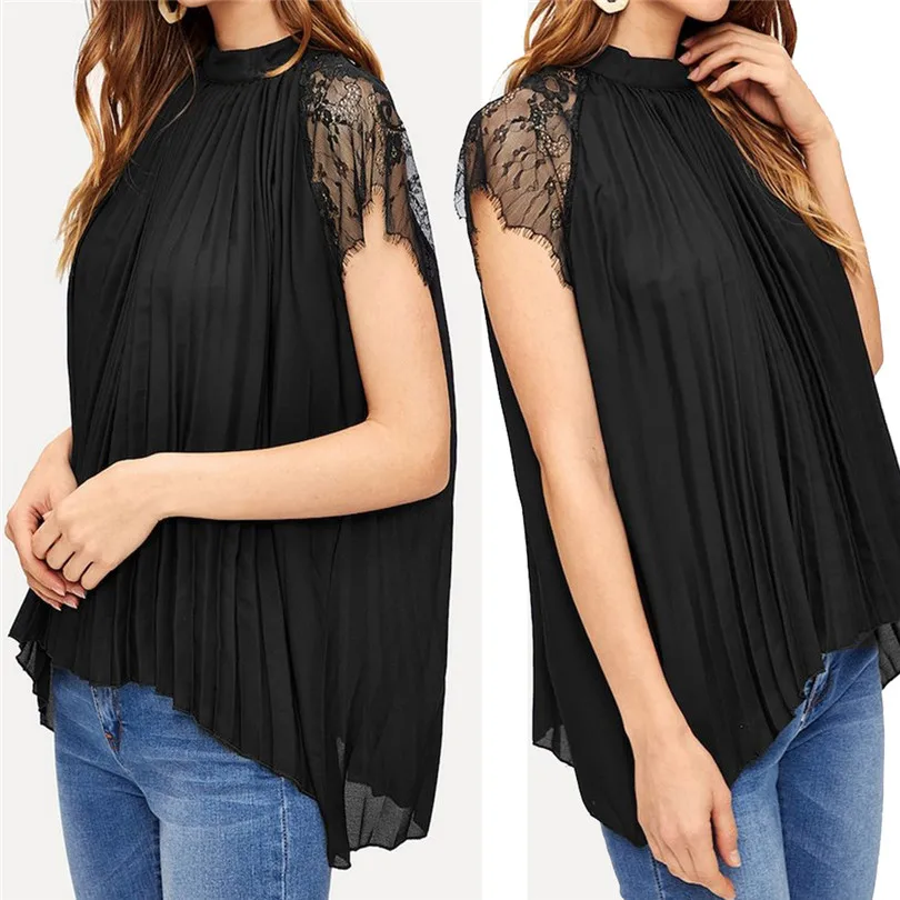 Women Clothes Summer O-Neck Lace stitching pleated loose chiffon Shirt Top Daily Fashion Casual Ladies Tops #4M19 (1)