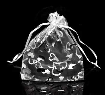 

DoreenBeads Organza Organza Jewelry Bags Drawable Rectangle White Heart Pattern 16cm x13cm(6 2/8" x5 1/8"), 3 PCs