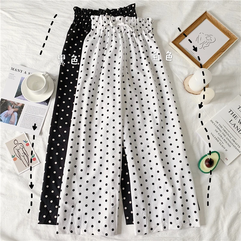 

2019 New Summer Fashion Dot Chiffon Pants Women Casual Loose Thin wide leg pants Slim High waist Beach trousers G300