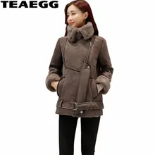 TEAEGG коричневая замшевая женская кожаная куртка, пальто, Jaquetas De Couro Feminino, теплая искусственная женская кожаная куртка, парка для женщин AL14