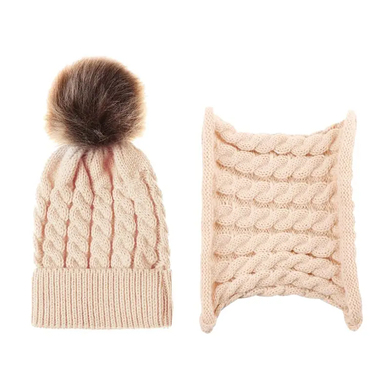 

Newborn Baby Children Winter Thicken Braided Knitted Hat Scarf Set Solid Color Cute Fluffy Pompom Ball Cuffed Beanie Cap