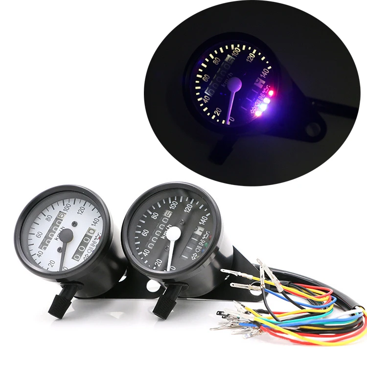 

Universal Black Motorcycle Cafe Racer 60MM Stainless mechanical odometer speedometer White LED with indicator lights 0-140KM/H