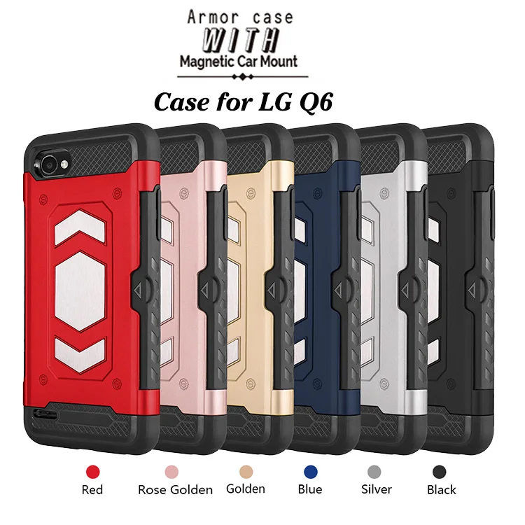

Shockproof Heavy Duty Dual Layer Armor TPU PC Hybrid Case Cover for LG Q8 Q6 Plus X600 X600K Card Holder Magnet Metal Plate