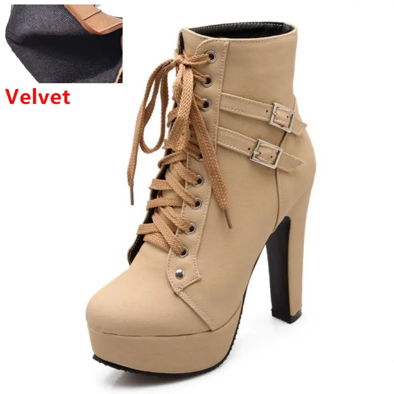 KemeKiss/Размер 30-50, женские ботильоны на высоком каблуке, модная женская обувь с перекрестными ремешками, женские зимние теплые ботинки на высоком каблуке, обувь с круглым носком - Цвет: beige velvet