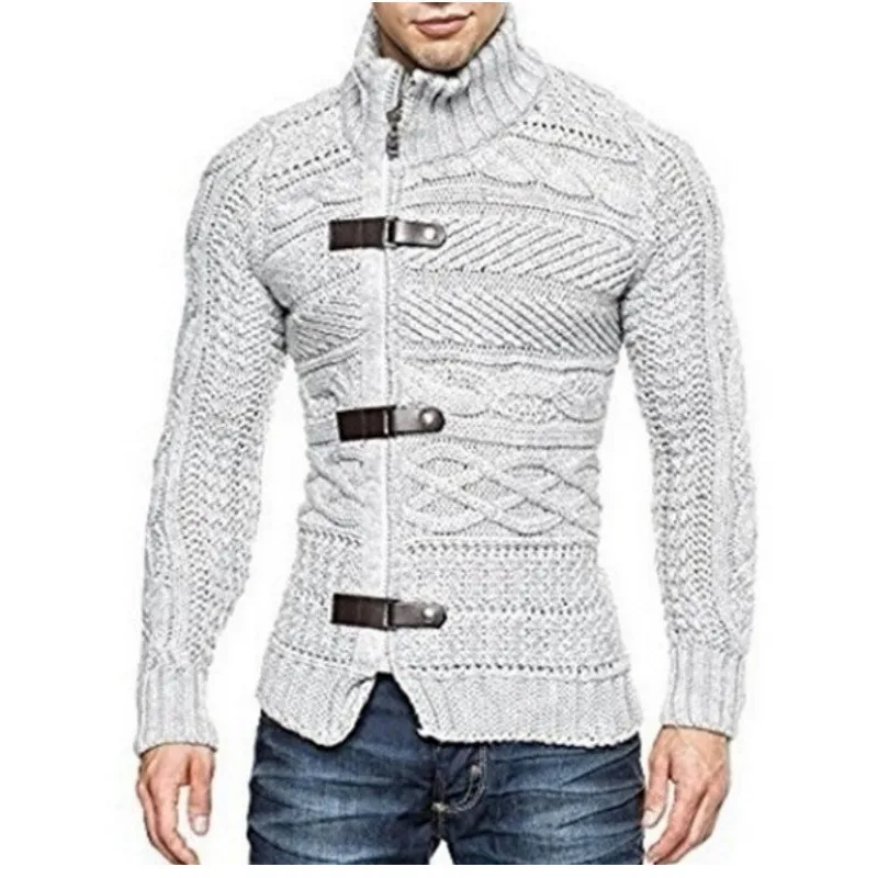 SMONSDLE, осенне-зимний брендовый свитер, кардиган, Мужской Повседневный тонкий свитер, мужской теплый толстый свитер с высоким воротом, мужской S-3XL - Цвет: Grayish white