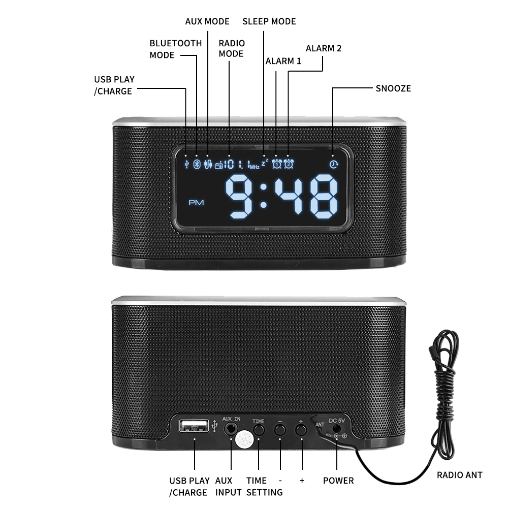 FM радио InstaBox W33 с Bluetooth динамиком будильником mp3 плеером поддержкой беспроводного