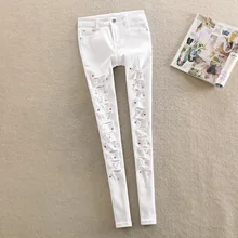 Черный, белый цвет стрейч Для женщин джинсы Высокая Талия рваные эластичные джинсовые брюки женские тонкие брюки карандаш Большие размеры A553