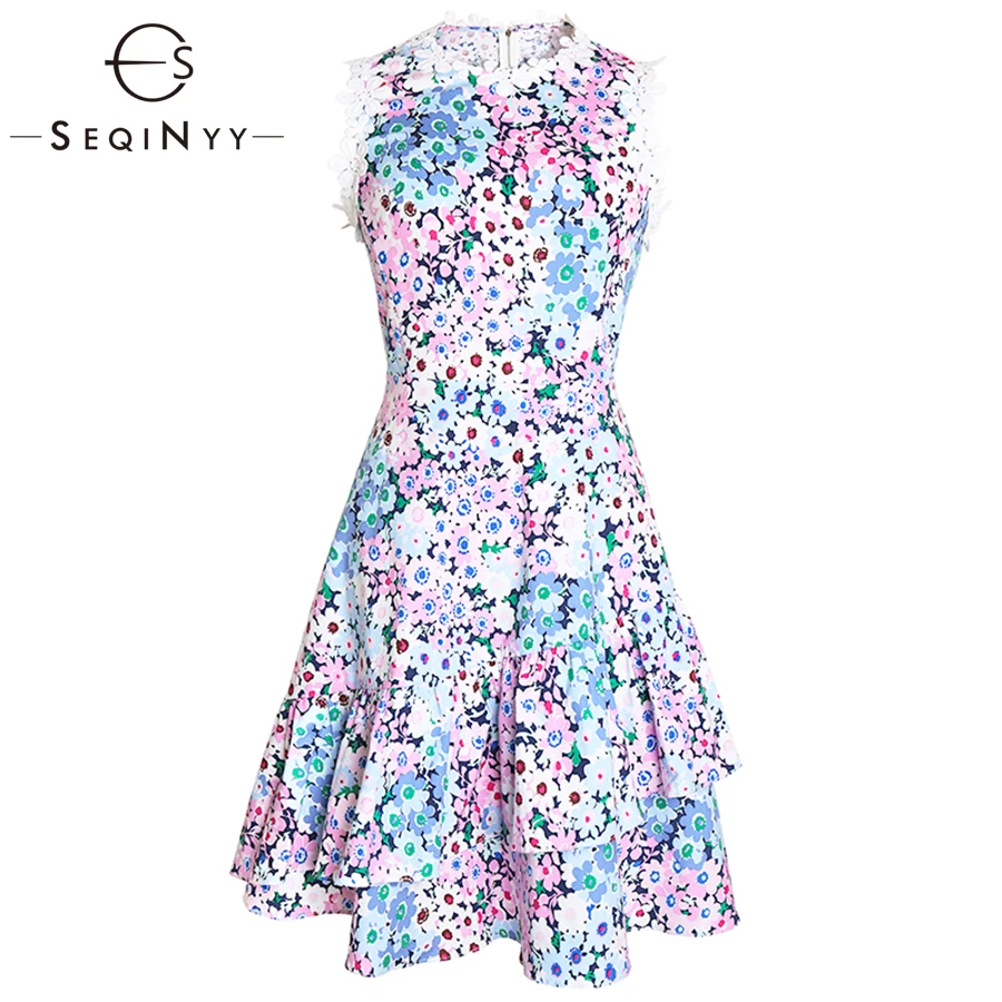 SEQINYY Printed Dress Light Purple Blue Flowers High Quality 2018 Summer New Fashion Women 's