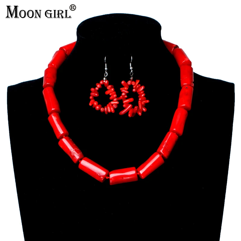 

MOON GIRL New Design Red Coral Beads Fashion African beads jewelry set For Women Party Wedding Necklace & Earring Jewelry Sets