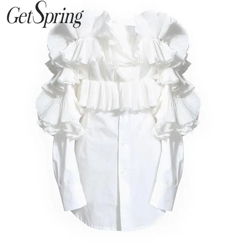 

GETSPRING Women Blouses Slash Neck Off Shoulder Top White Cotton Women Shirt Vintage Wrinkles Ruffle Top Long Sleeve Woman Tops