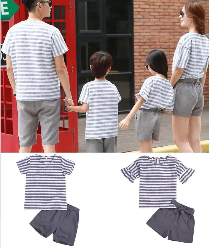 Детский полосатый топ для маленьких мальчиков и девочек + серые короткие штаны, комплект одежды для родителей и детей, летняя семейная