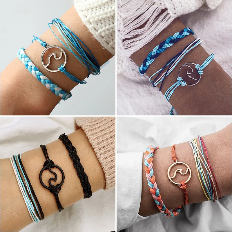 

Bohemian Alloy Wave Bracelet Sets for Women Weave Rope Chain Bracelets Bohemian Colorful Knitting String Rope Bracelet Set