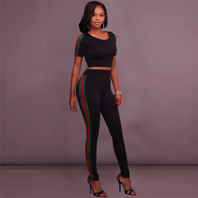 

2018 Summer Fashion Women Two Piece Long Pants Suits Short Sleeve Plus Size Crop Tops and Pants Sets Casual Striped Tracksuits