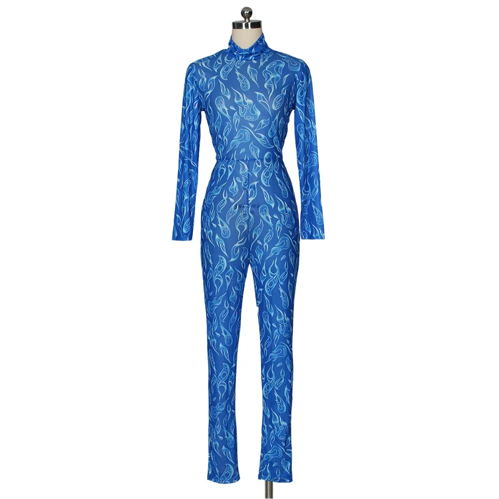 Fire Print Sheer Mesh Jumpsuit Turtleneck Long Sleeve Women Jumpsuit Sexy Night Club See Through Romper Bar Overalls Costumes Fire Print Sheer Mesh Jumpsuit Turtleneck Long Sleeve Women Jumpsuit Sexy Night Club See Through Romper Bar Overalls Costumes