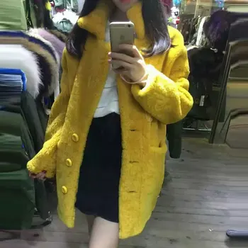 

New Arrival thicken long winter long style sheepskin jacket women yellow wool coat free shipping