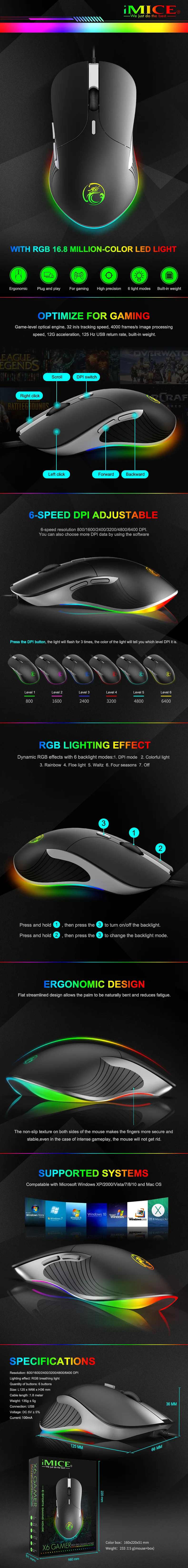 IMICE RGB светодиодный USB профессиональная игровая мышь, 6 кнопок, 6400 dpi, оптическая X6 мышь, проводной кабель для компьютера, ноутбука, Профессиональная игра