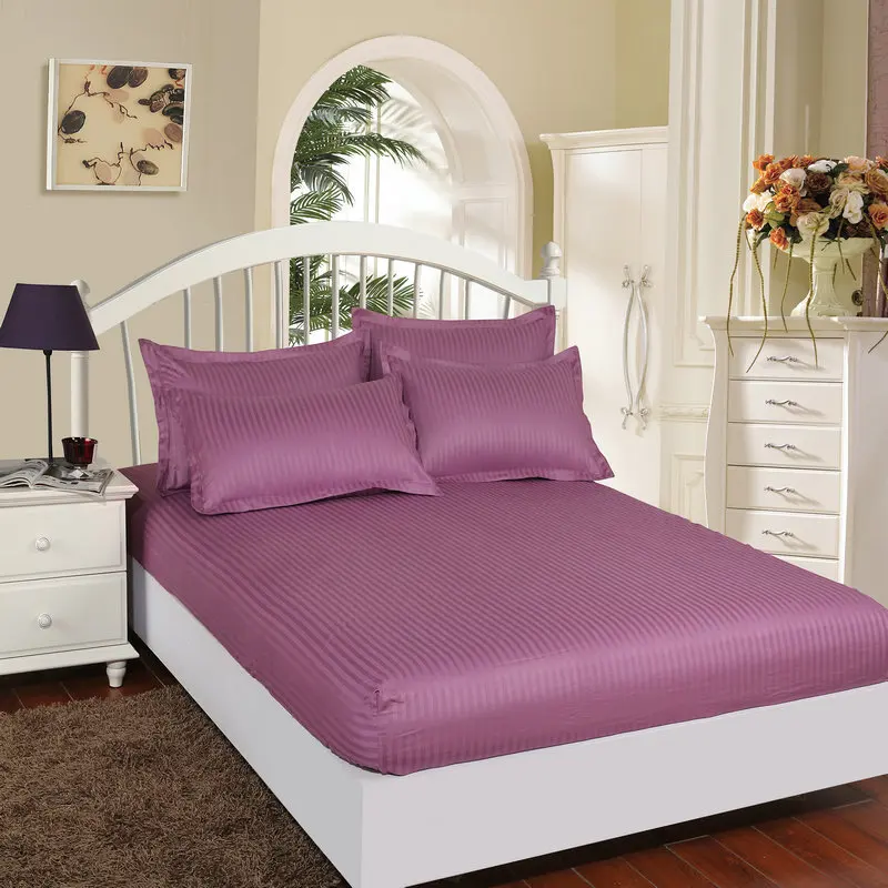 Hotel 100% Cotton Satin Fitted Bed sheet Stripe Mattress Cover Four Corners With Elastic Band 12 Colors 4