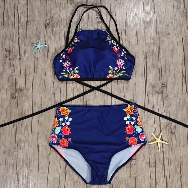 

2018 Sexy Bikini Set High Waist Swimwear Women Bathing Retro Swimsuit Push Up With Pad Print Female Swimsuits Brazilian Biquini