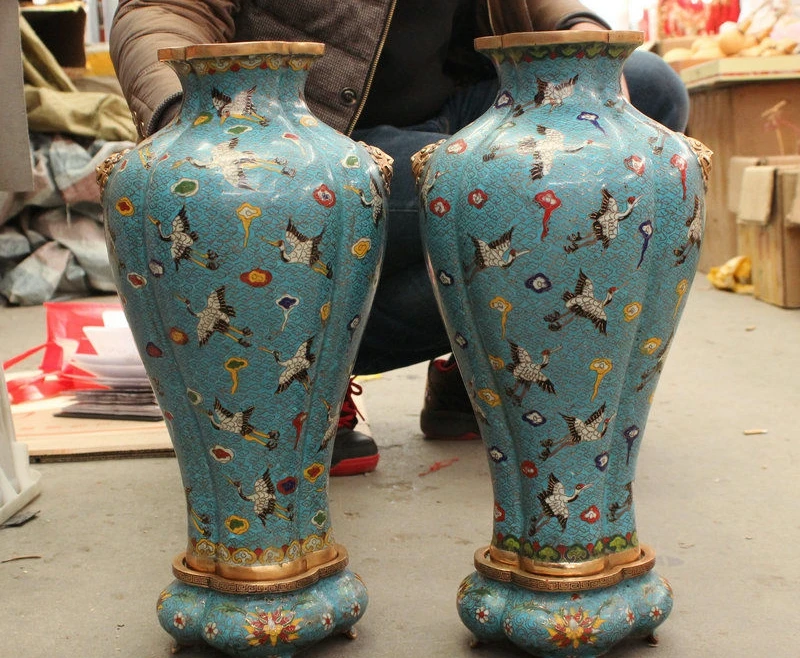 

19" China Bronze Gild Cloisonne Enamel Lotus Flower Crane Statue Vase Pot Pair