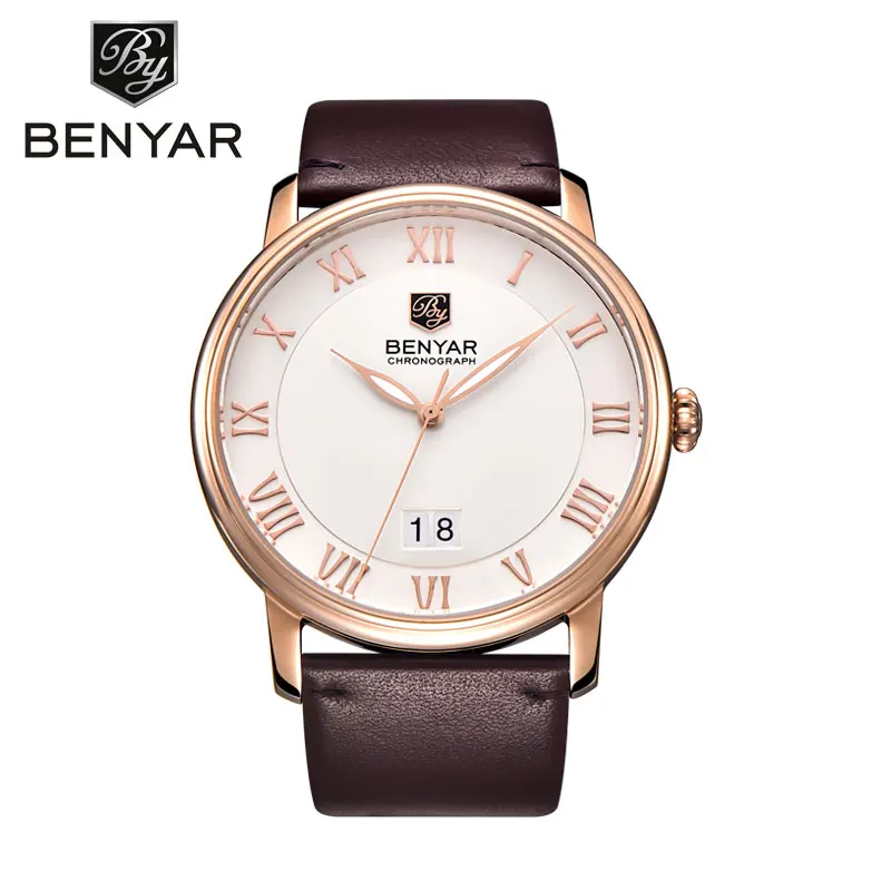 

BENYAR Brand Casual Fashion Gold Case Trend Men's Leather Calendar Quartz Watch Military Waterproof Movement Relogio Masculino