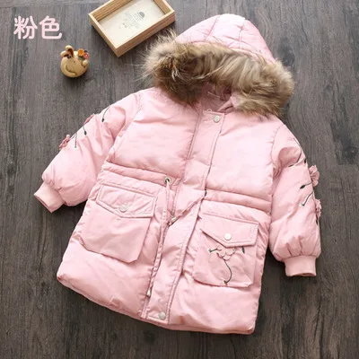 Пальто для маленьких девочек Зимний пуховик средней длины с капюшоном и цветочным принтом из искусственного меха для девочек-подростков 3-10, 11, 12 лет - Цвет: Розовый