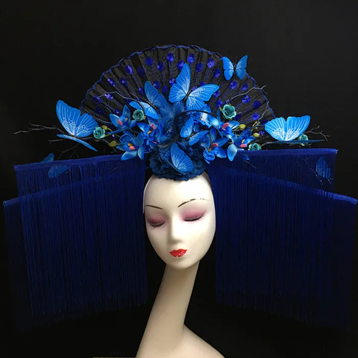 

Blue butterfly flowers creative headdress Halloween Clothing accessories Christmas Stage Catwalk Exaggerated Tassel Headwear
