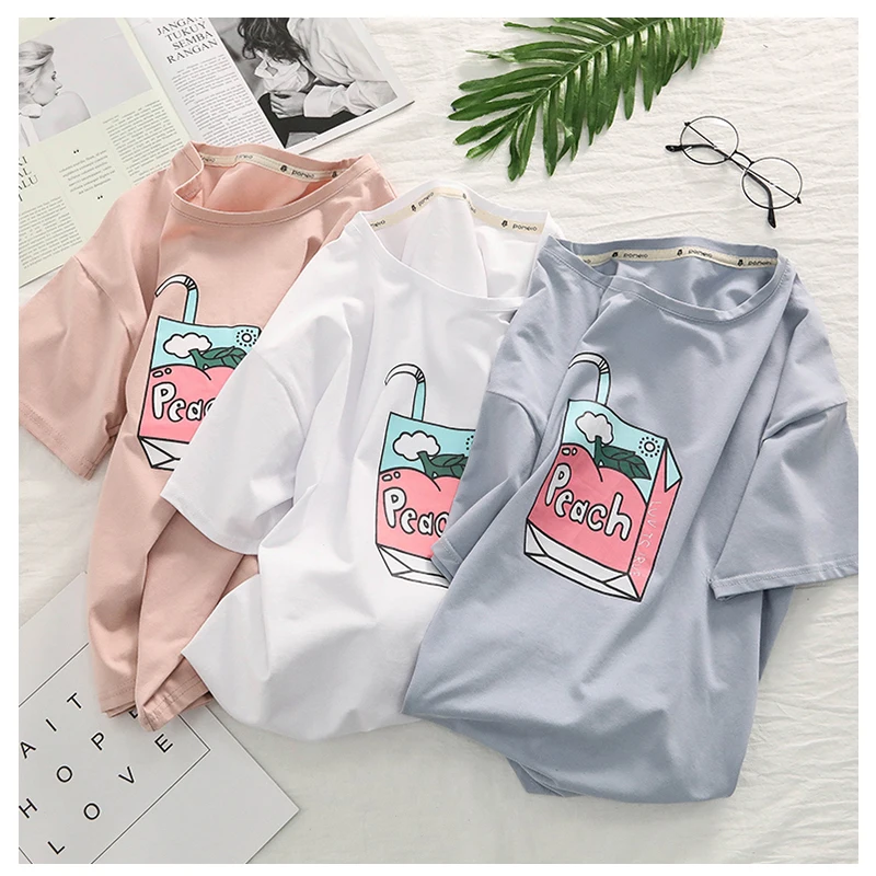 

Kawaii Cute Women Summer Clothes PEACH MILK Print T Shirt Sweet Girl's Tshirt Comfortable Cotton Tops Redmond Shirt Femme