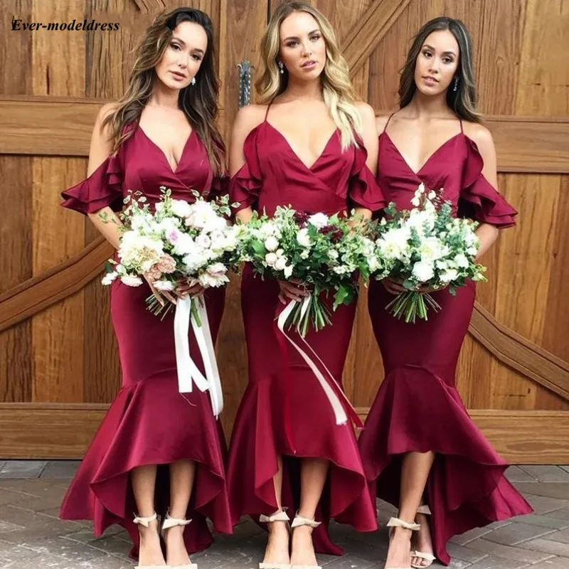 

2019 Latest High Low Bridesmaid Dresses Off Shoulder Mermaid Modest Burgundy Maid of Honor Dress Wedding Guest Party Gowns Cheap