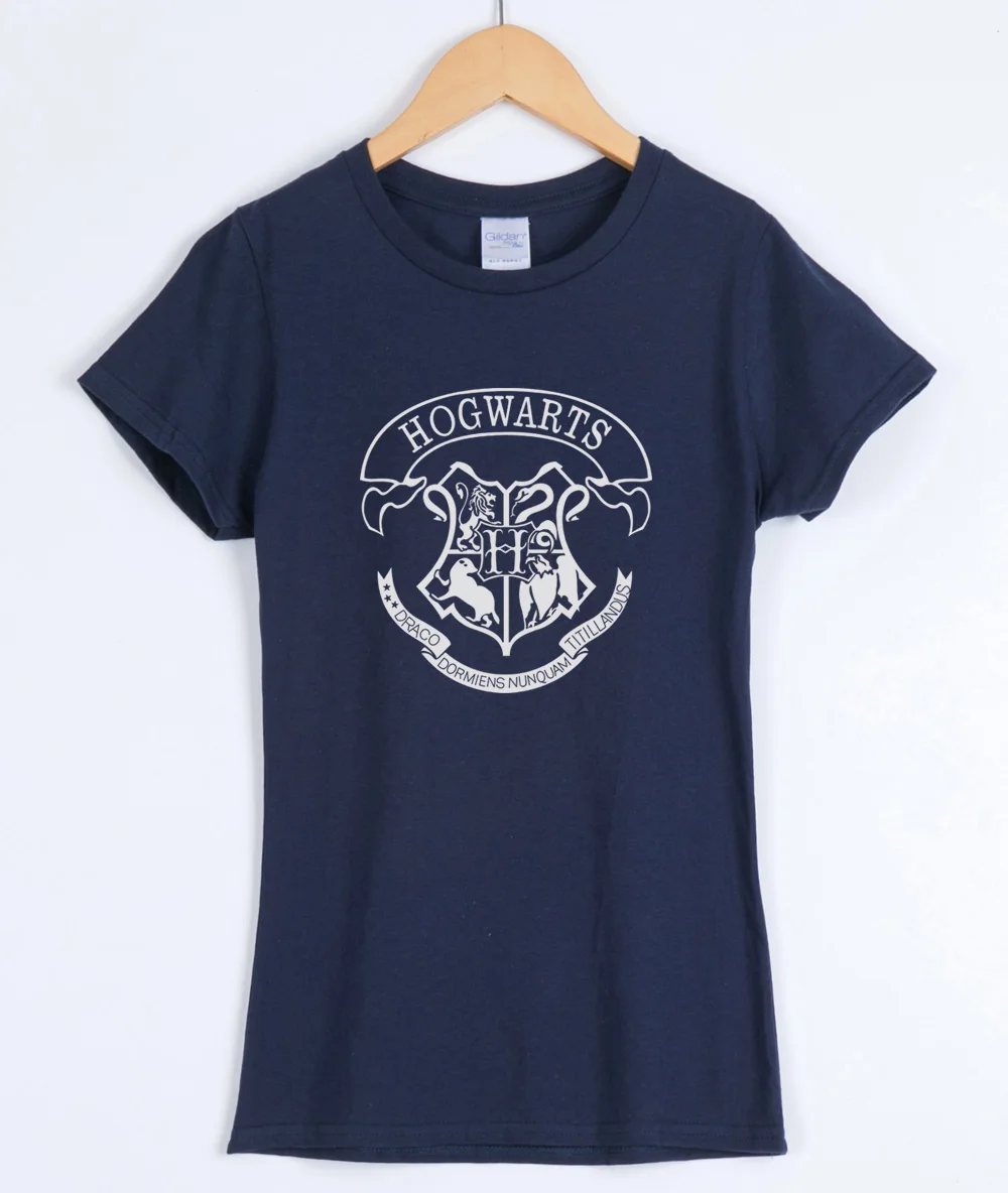 dark blue Женские футболки с принтом Хогвартс, модная повседневная футболка с коротким рукавом для девушек, тонкая женская футболка различных цветов - Цвет: dark blue