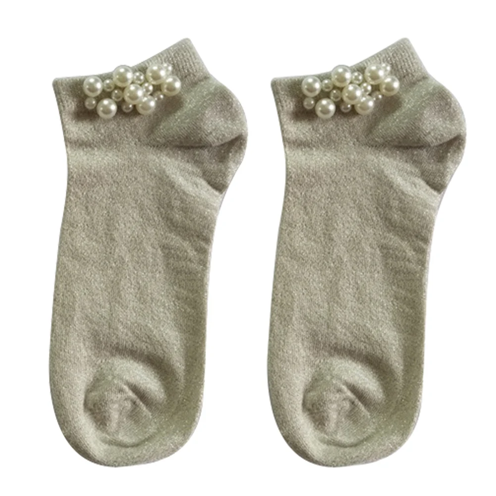 Модные блестящие дышащие Хлопковые женские эластичные короткие носки с искусственным жемчугом и бисером; Новинка - Цвет: Apricot