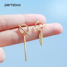 Женские асимметричные серьги Peri'sbox с золотыми перьями, круглые геометрические маленькие серьги-гвоздики, простые минималистичные серьги-гвоздики