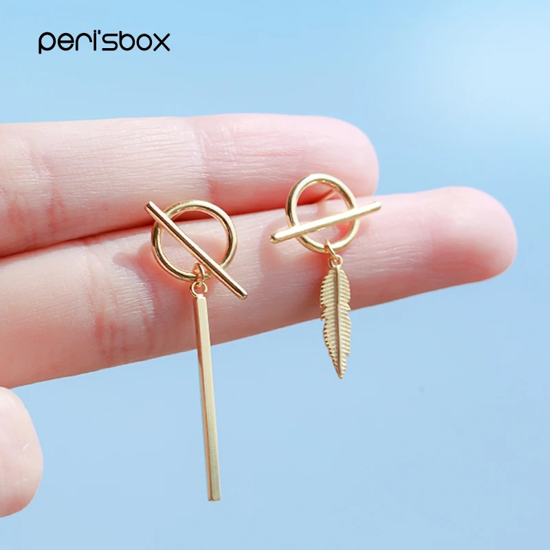 

Peri'sbox Gold Bar Feather Asymmetric Earrings for Women Circle Geometric Small Stud Earrings Simple Minimal Studs Earrings