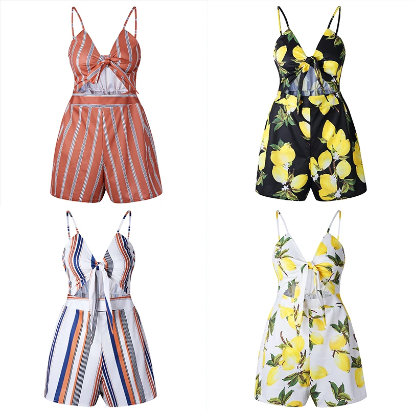 Sexy V-Neck Print Women Jumpsuit Sleeveless Short Backless Bow Female Jumpsuit 2019 Summer Beach Style Pants Fashion Clothing Sexy V-Neck Print Women Jumpsuit Sleeveless Short Backless Bow Female Jumpsuit 2019 Summer Beach Style Pants Fashion Clothing