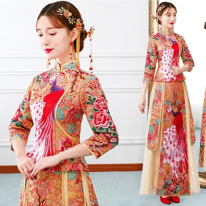 Китайский традиционный Cheongsam изысканной вышивкой Свадебные Винтаж шоу на сцене Костюмы элегантный Ципао вечернее платье комплект