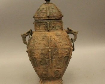 

15" Old China Chinese Dynasty Palace Bronze Handle Pot Flower Bottle Vase