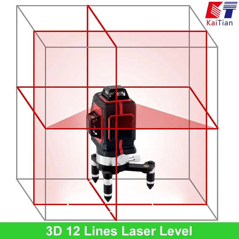 KaiTian 3D Laser Level 650nm 12 Lines Cross Level with Slash Function and Self Leveling Outdoor 360 Rotary Red Laser Beam Tools